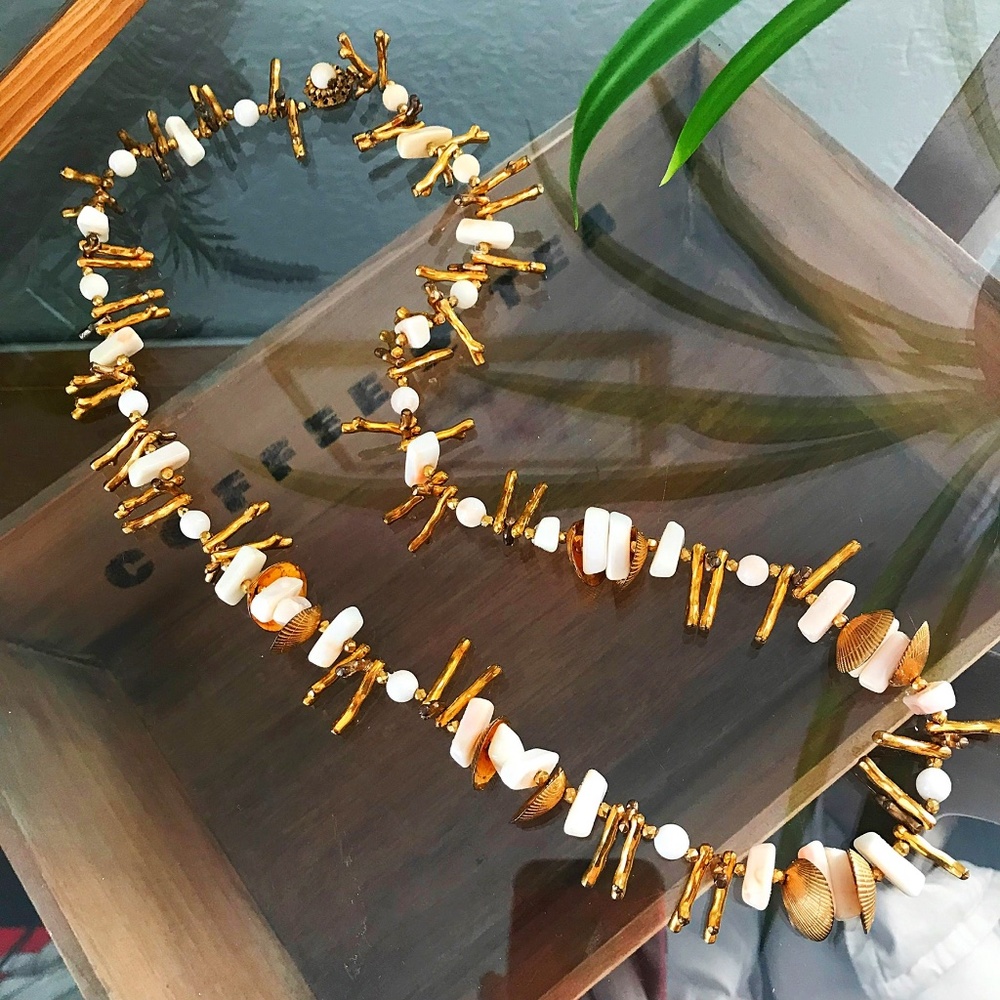 Vintage Miriam Haskell 1950s Era Golden Shell and Coral Summer Necklace